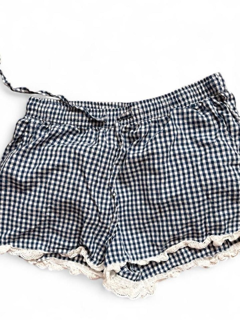 Caroline Constas Navy and Cream Gingham Lace-Trim High Waist Shorts